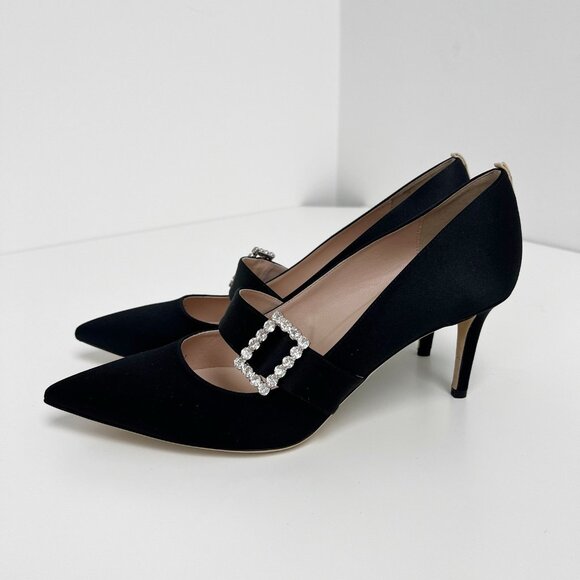 SJP BY SARAH JESSICA PARKER Black Satin Highgate  Embellished Buckle Heels Sz 41 - Picture 1 of 11
